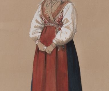 Malung. Kvinna i dräkt. Akvarell av P Södermark. 